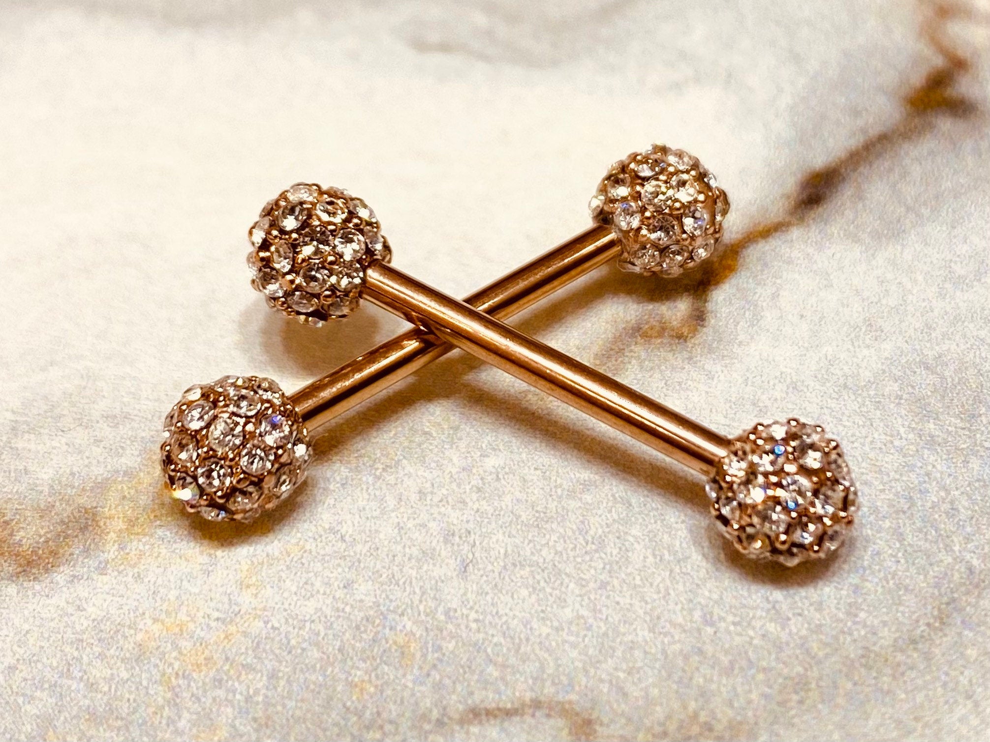 14G Rose Gold Clear Cluster Stones Full Dome Nipple Barbells. Nipple Piercings. Nipple Rings. Nipple Jewelry