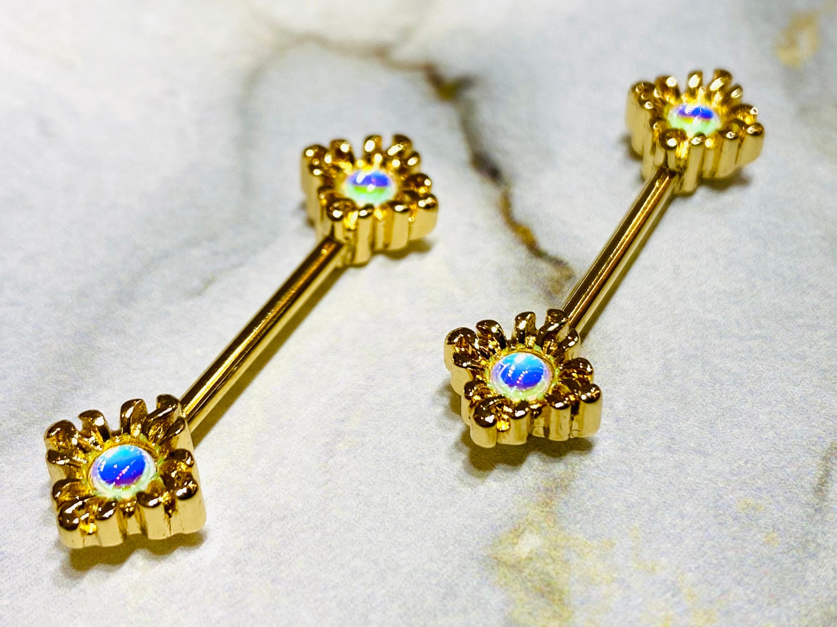 14G Gold Illuminating Opal Sun Nipple Barbells. Nipple Piercings. Nipple Rings. Nipple Jewelry.