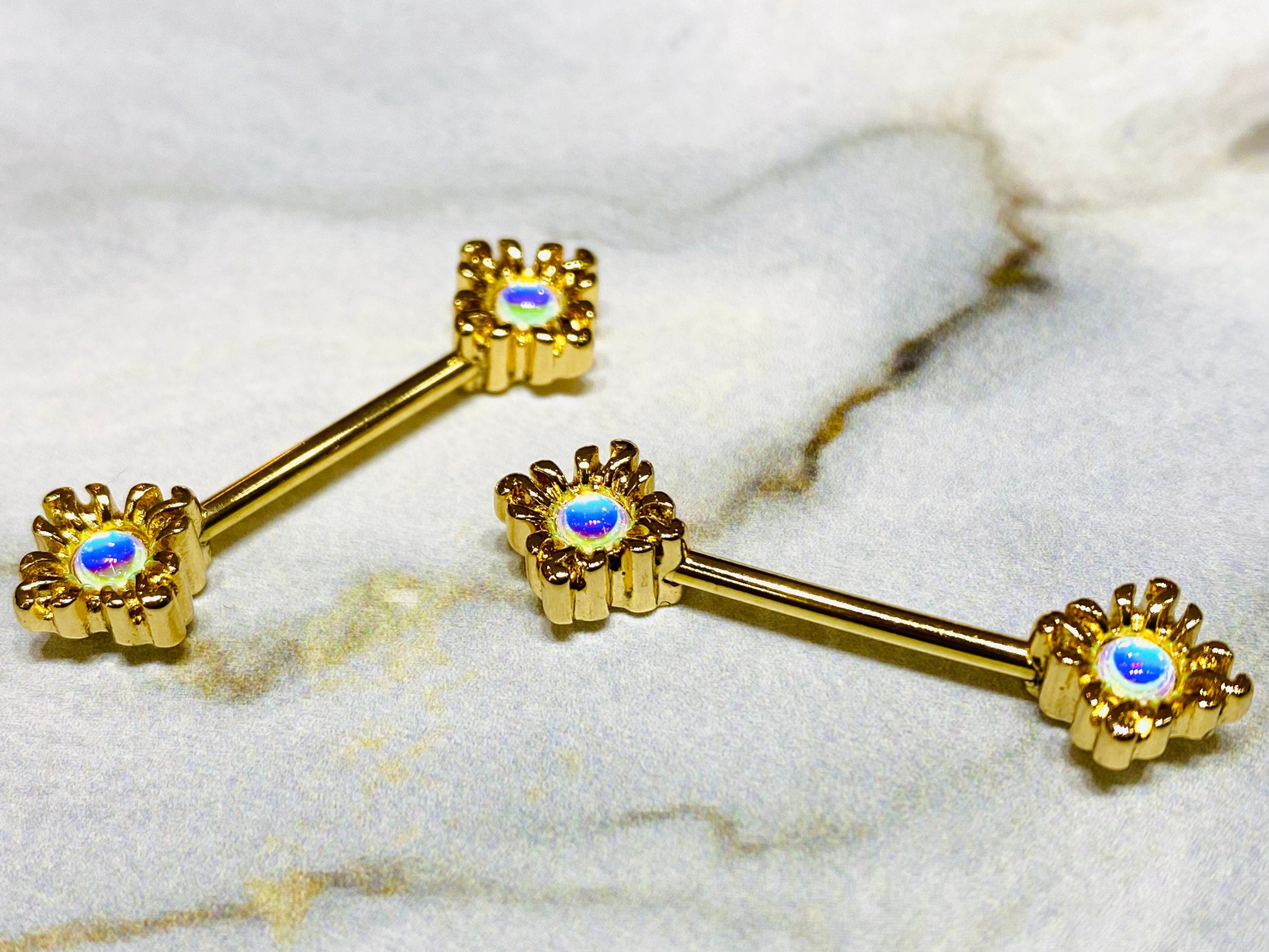 14G Gold Illuminating Opal Sun Nipple Barbells. Nipple Piercings. Nipple Rings. Nipple Jewelry.