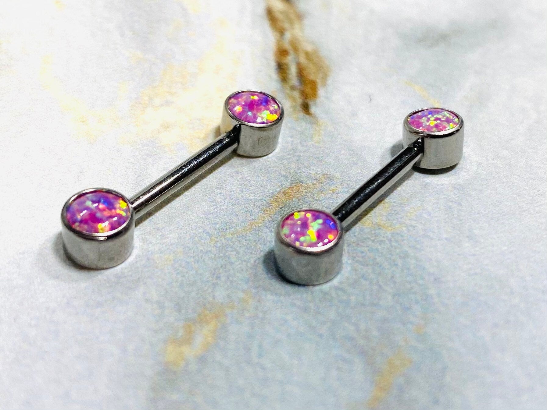 14G Implant Grade Titanium Internally Threaded Pink Opal Nipple Barbells. Nipple Rings. Nipple Piercings. Nipple Jewelry.