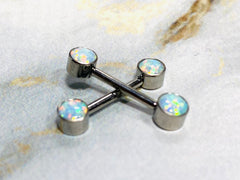 14G Implant Grade Titanium Internally Threaded White Opal Nipple Barbells. Nipple Rings. Nipple Piercings. Nipple Jewelry.