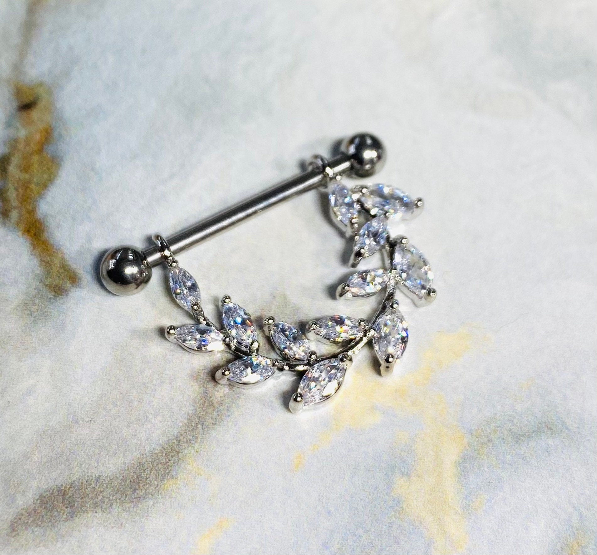 14G Silver Clear Sparkling Marquise Stones Vine Nipple Barbell. Nipple Piercings. Nipple Jewelry. Nipple Rings