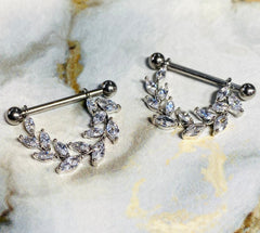 14G Silver Clear Sparkling Marquise Stones Vine Nipple Barbell. Nipple Piercings. Nipple Jewelry. Nipple Rings