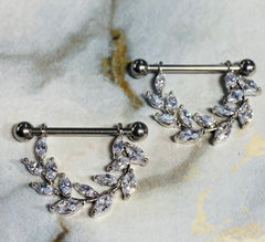 14G Silver Clear Sparkling Marquise Stones Vine Nipple Barbell. Nipple Piercings. Nipple Jewelry. Nipple Rings