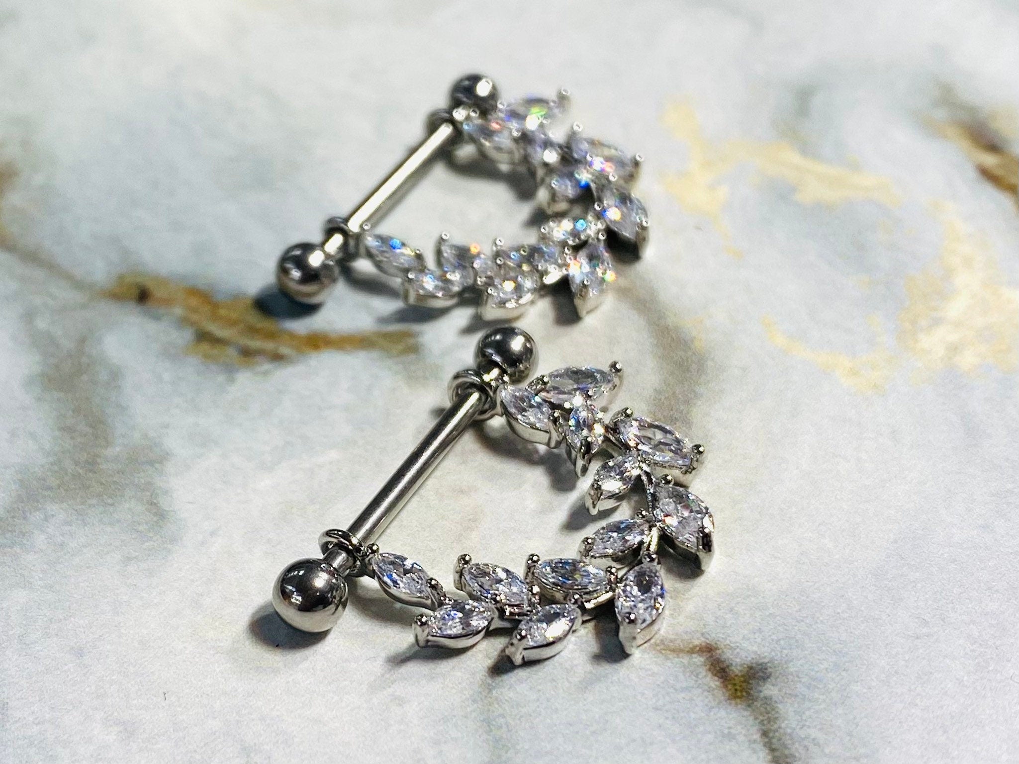 14G Silver Clear Sparkling Marquise Stones Vine Nipple Barbell. Nipple Piercings. Nipple Jewelry. Nipple Rings