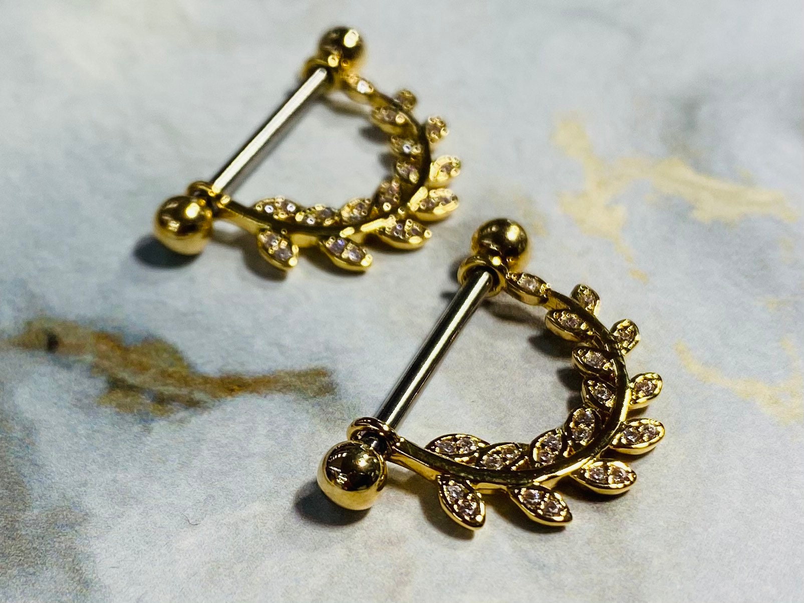 14G Gold Sparkling Paved Stone Hanging Leaves Nipple Barbells. Nipple Piercings. Nipple Jewelry. Nipple Rings.