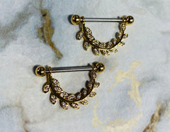 14G Gold Sparkling Paved Stone Hanging Leaves Nipple Barbells. Nipple Piercings. Nipple Jewelry. Nipple Rings.