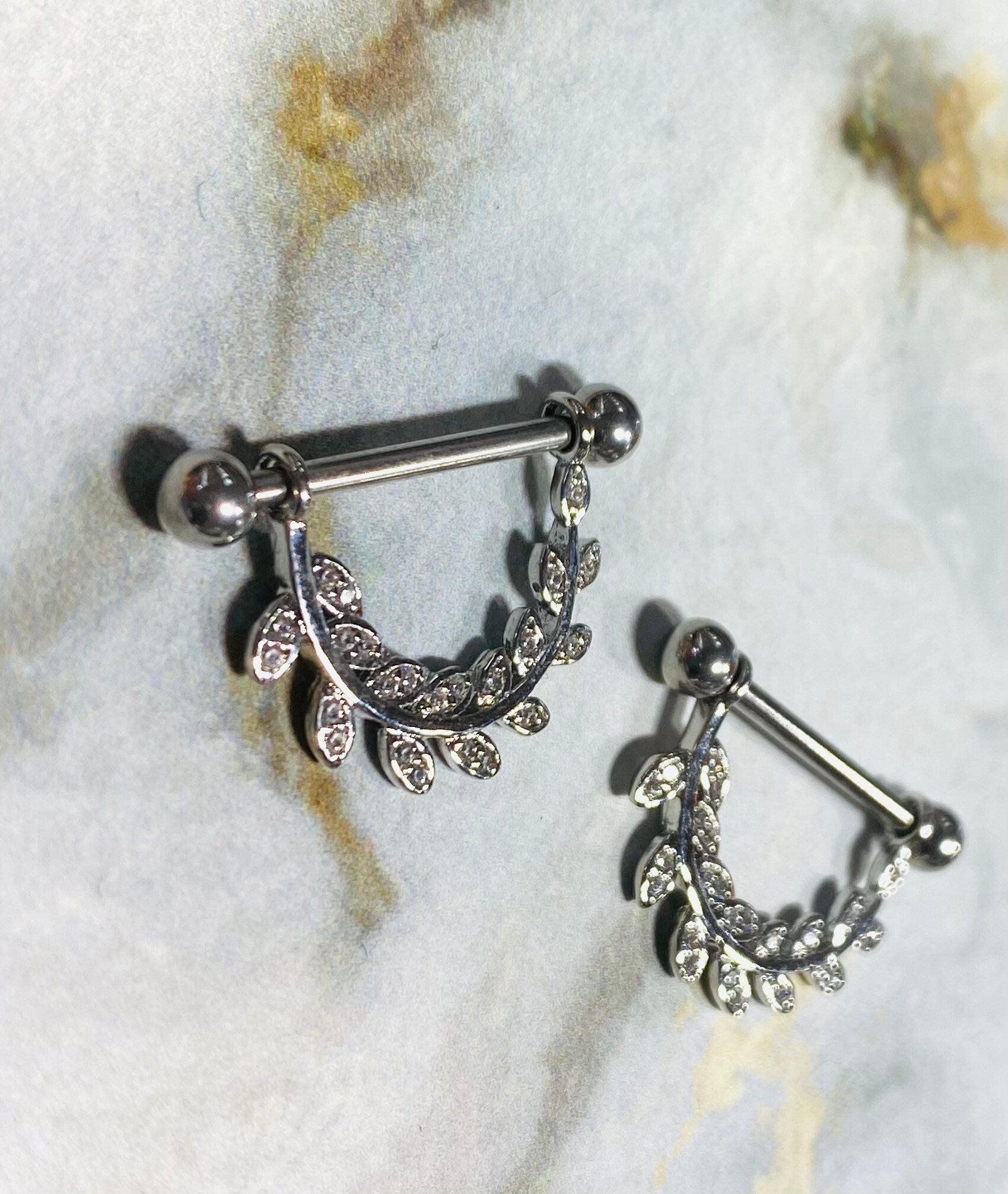 14G Silver Sparkling Paved Stone Hanging Leaves Nipple Barbells. Nipple Piercings. Nipple Jewelry. Nipple Rings.