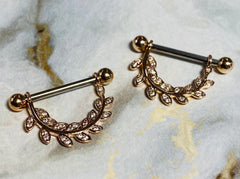 14G Rose Gold Sparkling Paved Stone Hanging Leaves Nipple Barbells. Nipple Piercings. Nipple Jewelry. Nipple Rings.