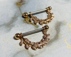 14G Rose Gold Sparkling Paved Stone Hanging Leaves Nipple Barbells. Nipple Piercings. Nipple Jewelry. Nipple Rings.