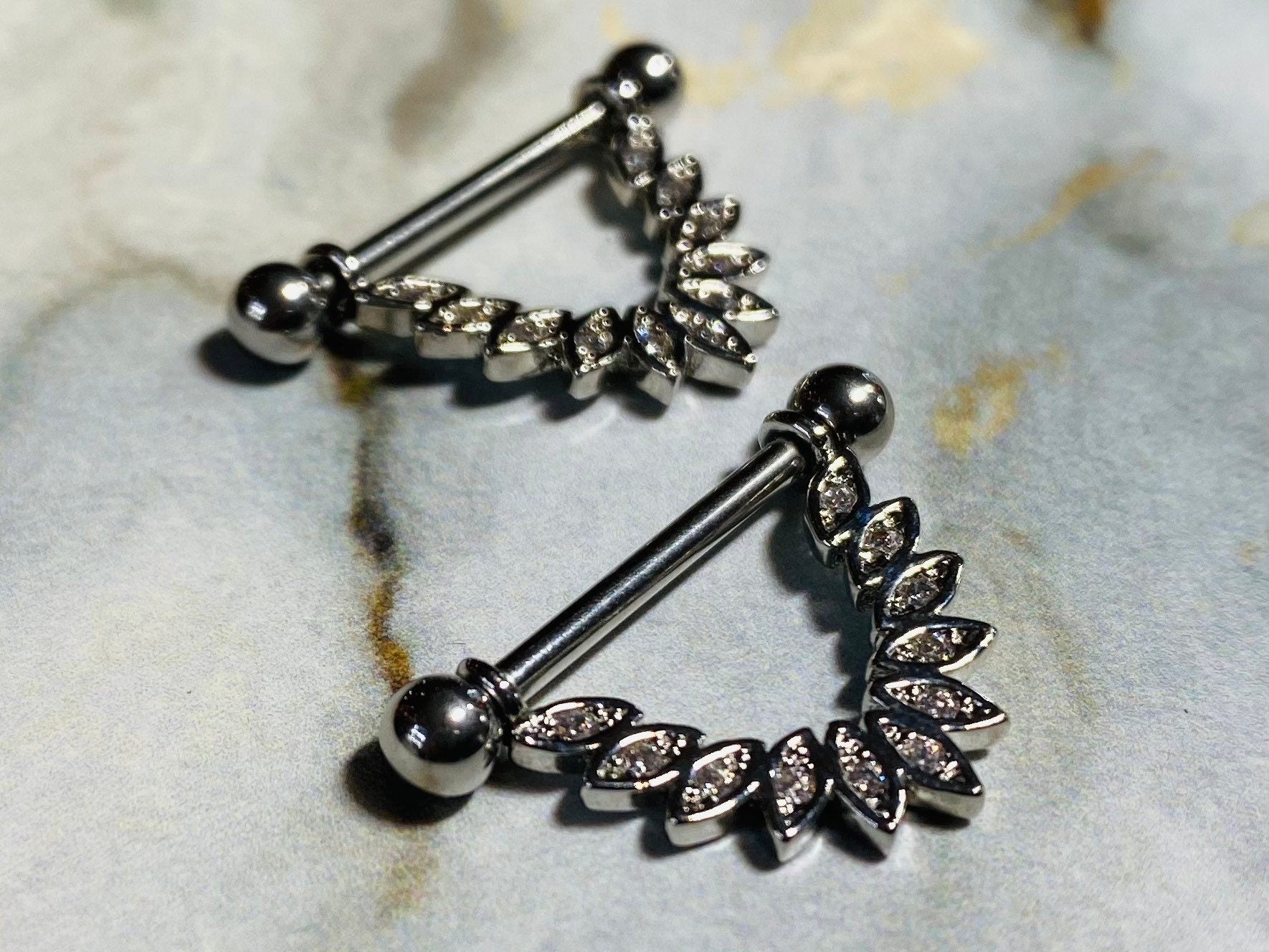 14G Clear Sparkling Stones Linked Dangling Feather Nipple Barbells. Nipple Piercings. Nipple Rings. Nipple Jewelry.