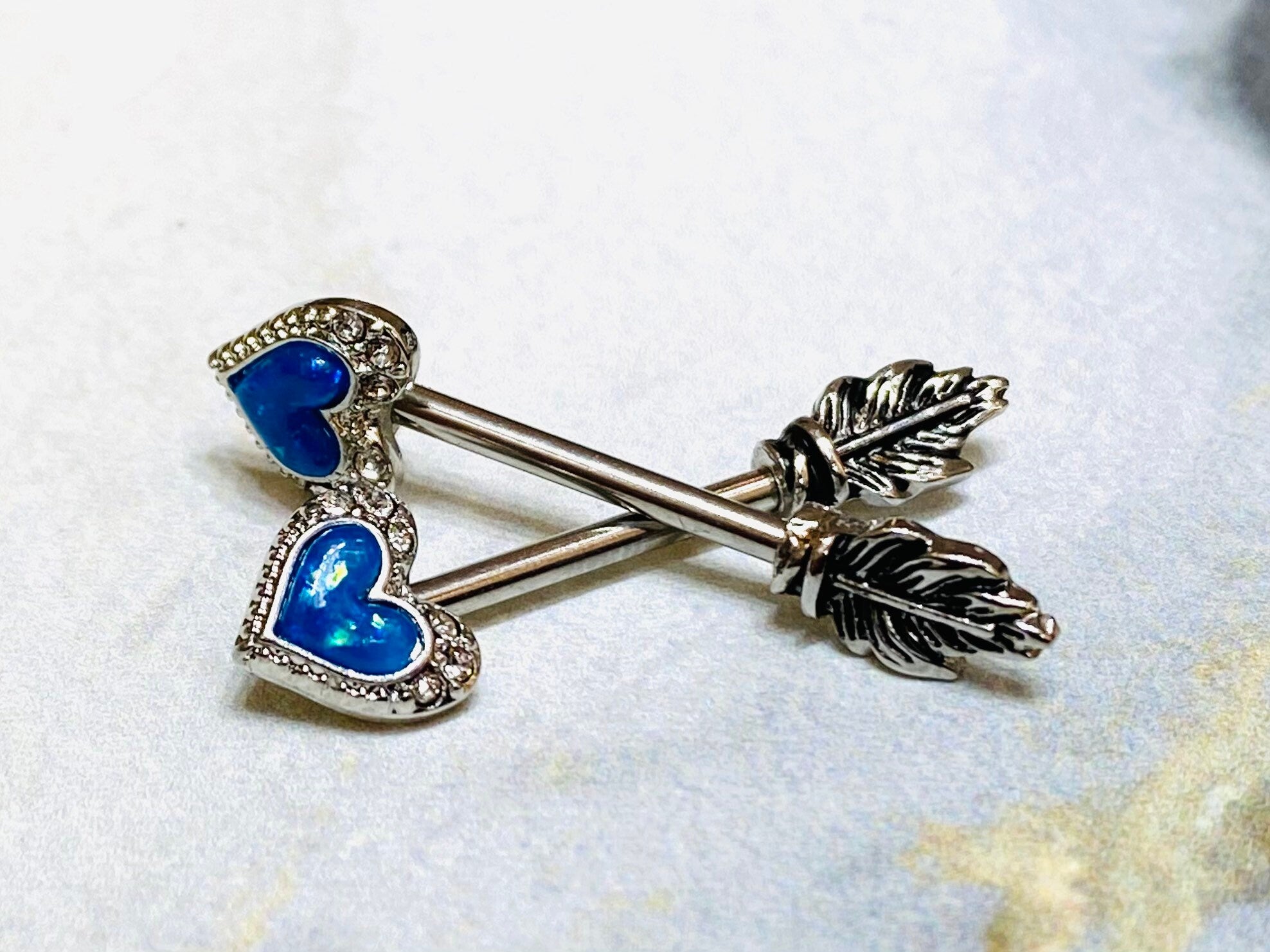 14G Blue Opal Glitter Heart Arrow with Feather End Nipple Barbell. Nipple Piercings. Nipple Rings. Nipple Jewelry