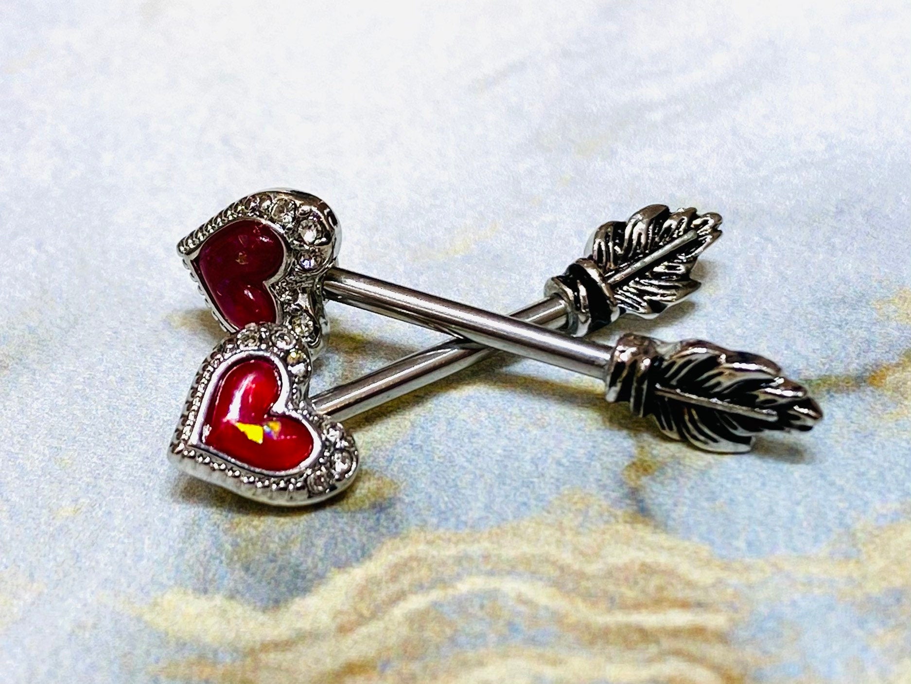 14G Red Opal Glitter Heart Arrow with Feather End Nipple Barbell. Nipple Piercings. Nipple Rings. Nipple Jewelry