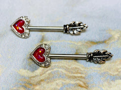 14G Red Opal Glitter Heart Arrow with Feather End Nipple Barbell. Nipple Piercings. Nipple Rings. Nipple Jewelry