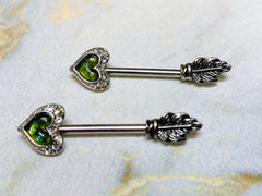 14G Dark Green Opal Glitter Heart Arrow with Feather End Nipple Barbell. Nipple Piercings. Nipple Rings. Nipple Jewelry