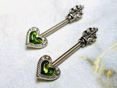 14G Dark Green Opal Glitter Heart Arrow with Feather End Nipple Barbell. Nipple Piercings. Nipple Rings. Nipple Jewelry