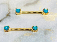 Pair of 14G Gold Glitter Opal Gem Prong Nipple Barbells. Nipple Piercings. Nipple Rings. Nipple Jewelry