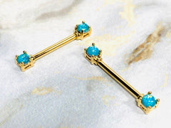 Pair of 14G Gold Glitter Opal Gem Prong Nipple Barbells. Nipple Piercings. Nipple Rings. Nipple Jewelry