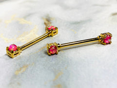 Pair of 14G Gold Pink Opal Glitter Nipple Barbells. Nipple Piercings. Nipple Rings. Nipple Jewelry. Gift for Her