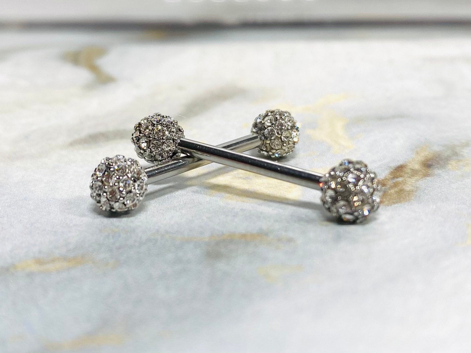 14G Silver Clear Stones Dome Nipple Barbells. Nipple Piercings. Nipple Rings. Nipple Jewelry