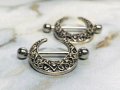 Pair of 14G Antique Silver Crescent Filigree Nipple Shields. Nipple Piercings. Nipple Rings. Nipple Barbells. Nipple Jewelry