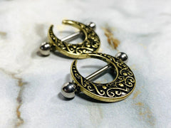 Pair of 14G Antique Gold Crescent Filigree Nipple Shields. Nipple Piercings. Nipple Rings. Nipple Barbells. Nipple Jewelry