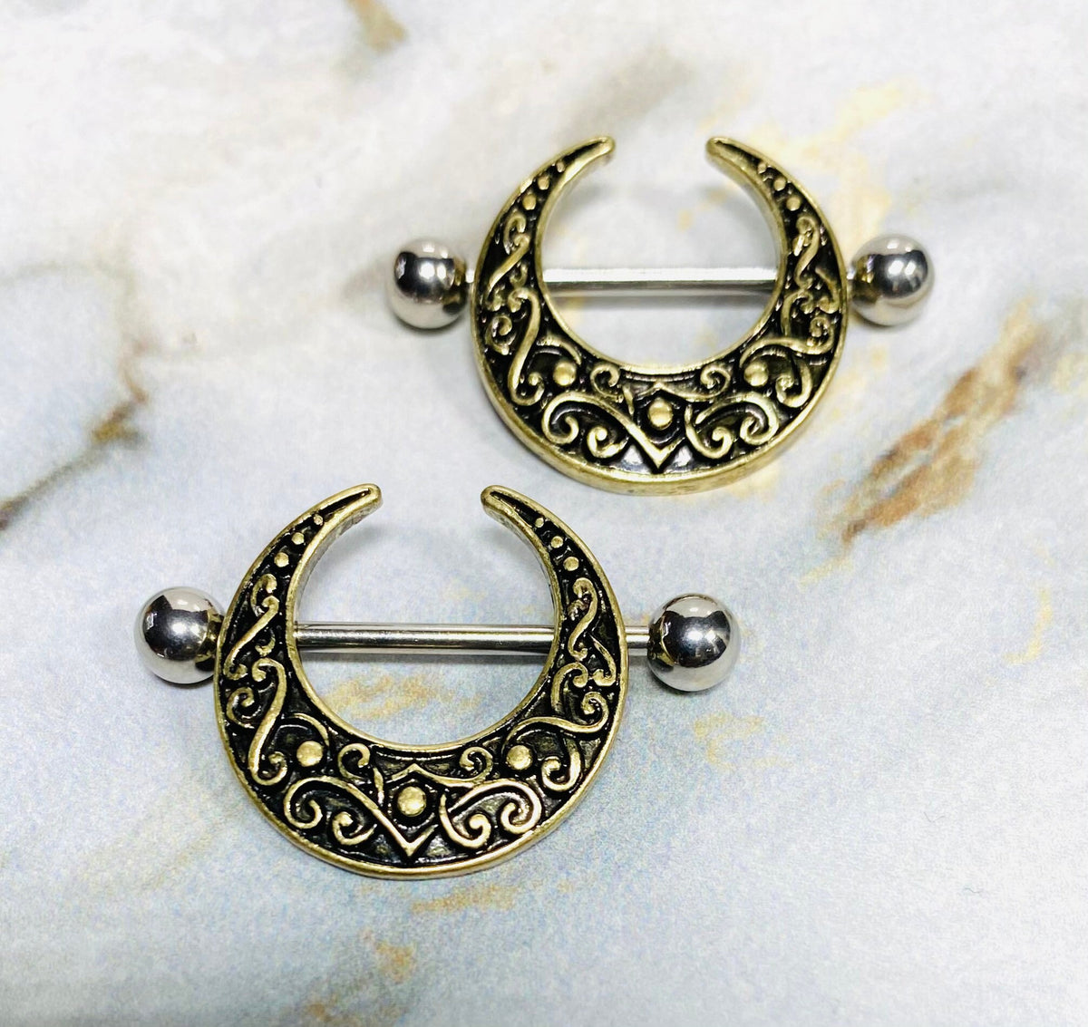 Pair of 14G Antique Gold Crescent Filigree Nipple Shields. Nipple Piercings. Nipple Rings. Nipple Barbells. Nipple Jewelry