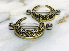 Pair of 14G Antique Gold Crescent Filigree Nipple Shields. Nipple Piercings. Nipple Rings. Nipple Barbells. Nipple Jewelry