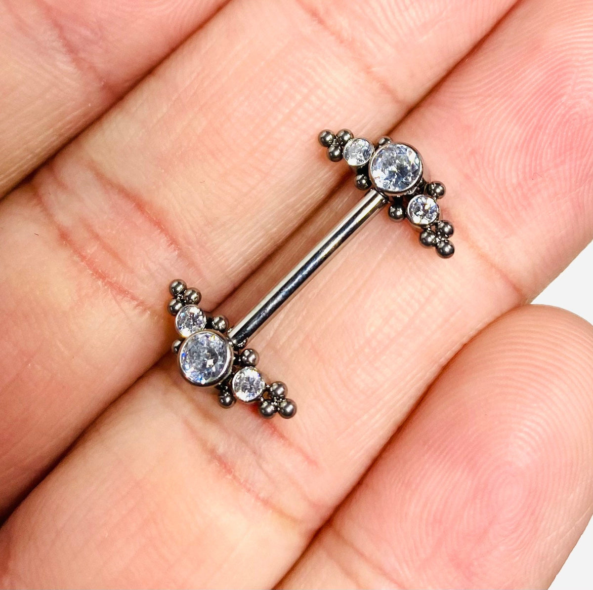 14G Pair of Implant Grade Titanium Internally Threaded Clear Stone with Bezel Setting Nipple Barbells. Nipple Piercing. Nipple Jewelry.