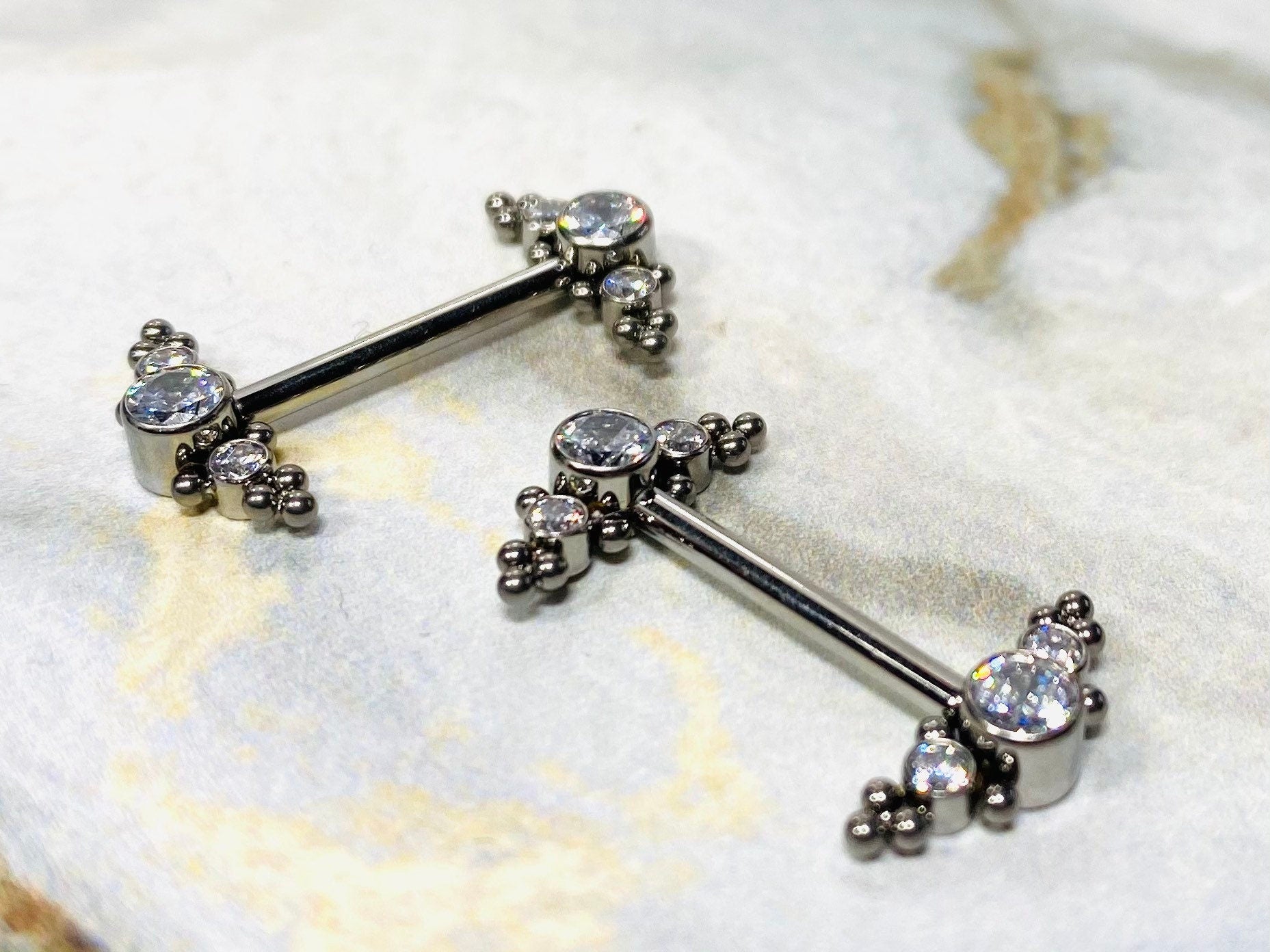 14G Pair of Implant Grade Titanium Internally Threaded Clear Stone with Bezel Setting Nipple Barbells. Nipple Piercing. Nipple Jewelry.