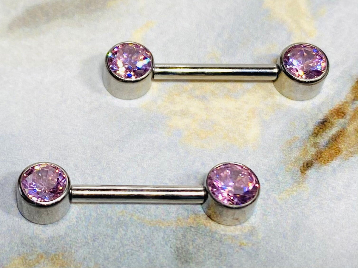 Pair of 14G Implant Grade Titanium Internally Threaded Bezel Set Pink Stone Nipple Barbells. Nipple Piercing. Nipple Jewelry. Nipple Rings