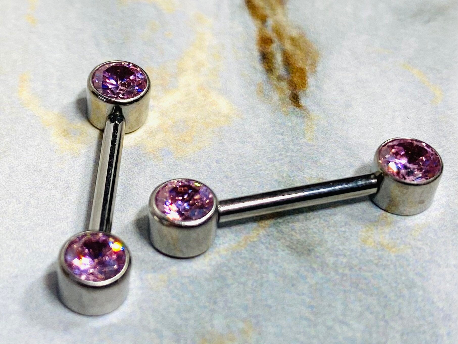 Pair of 14G Implant Grade Titanium Internally Threaded Bezel Set Pink Stone Nipple Barbells. Nipple Piercing. Nipple Jewelry. Nipple Rings