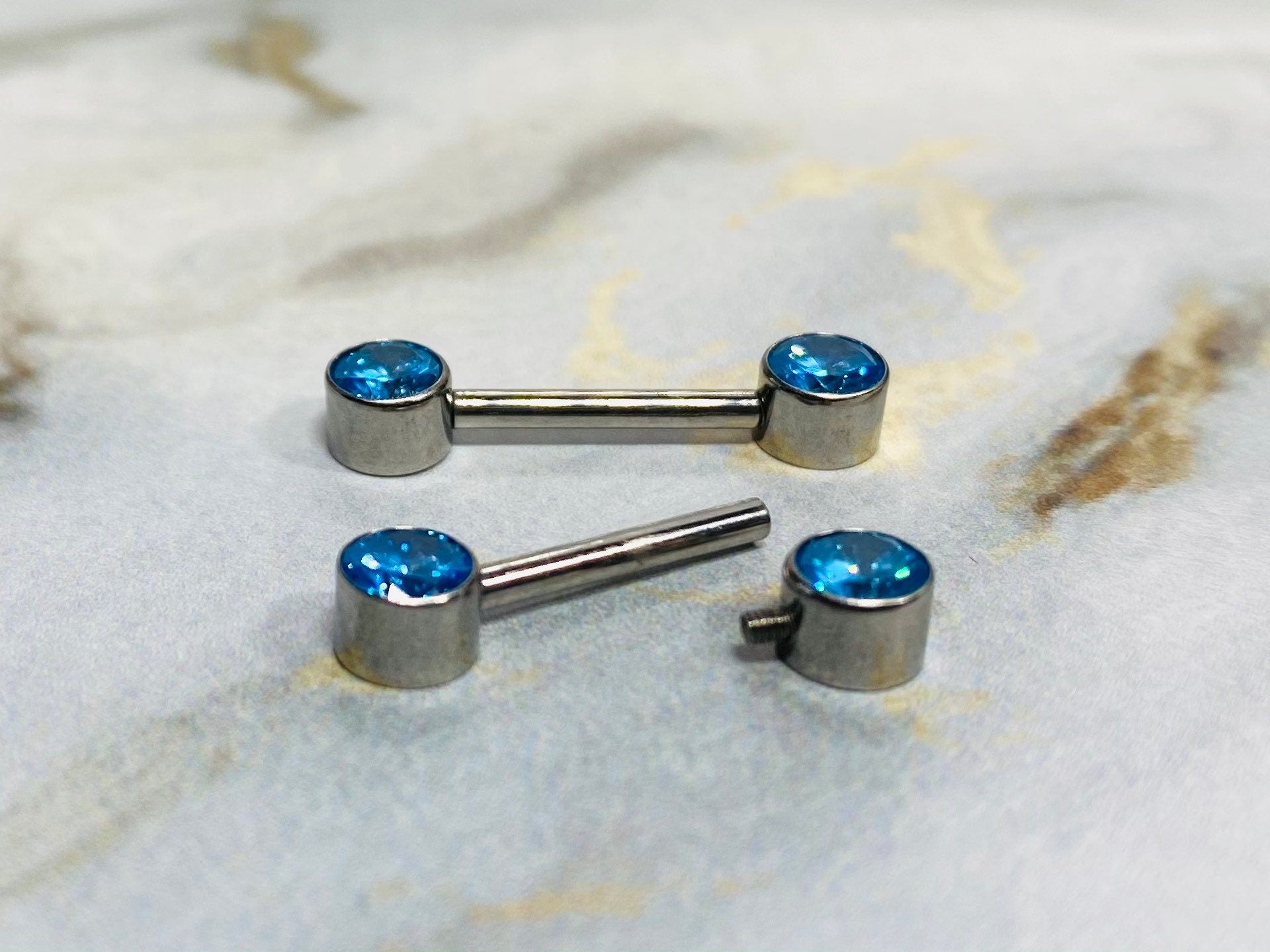 Pair of 14G Implant Grade Titanium Internally Threaded Bezel Set Aqua Stone Nipple Barbells. Nipple Piercing. Nipple Jewelry. Nipple Rings