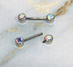 Pair of 14G Implant Grade Titanium Internally Threaded Bezel Set Iridescent Nipple Barbells. Nipple Piercing. Nipple Jewelry. Nipple Rings