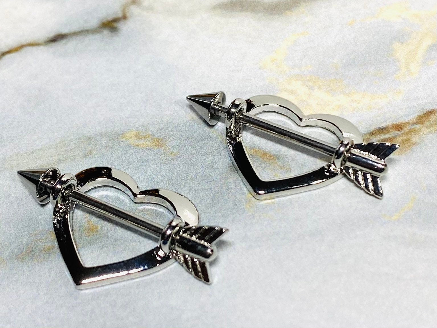 Pair of 14G Silver Cupid Heart Nipple Shield Barbells. Nipple Piercings. Nipple Jewelry. Nipple Rings.