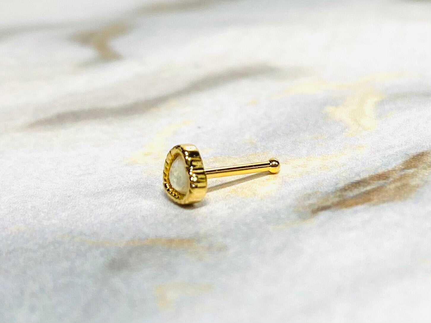 20G Dainty Gold White Opal Glitter Heart Nose Stud with Ball. 7mm Length. Nose Piercing. Nose Ring. Nose Jewelry. Nose Studs