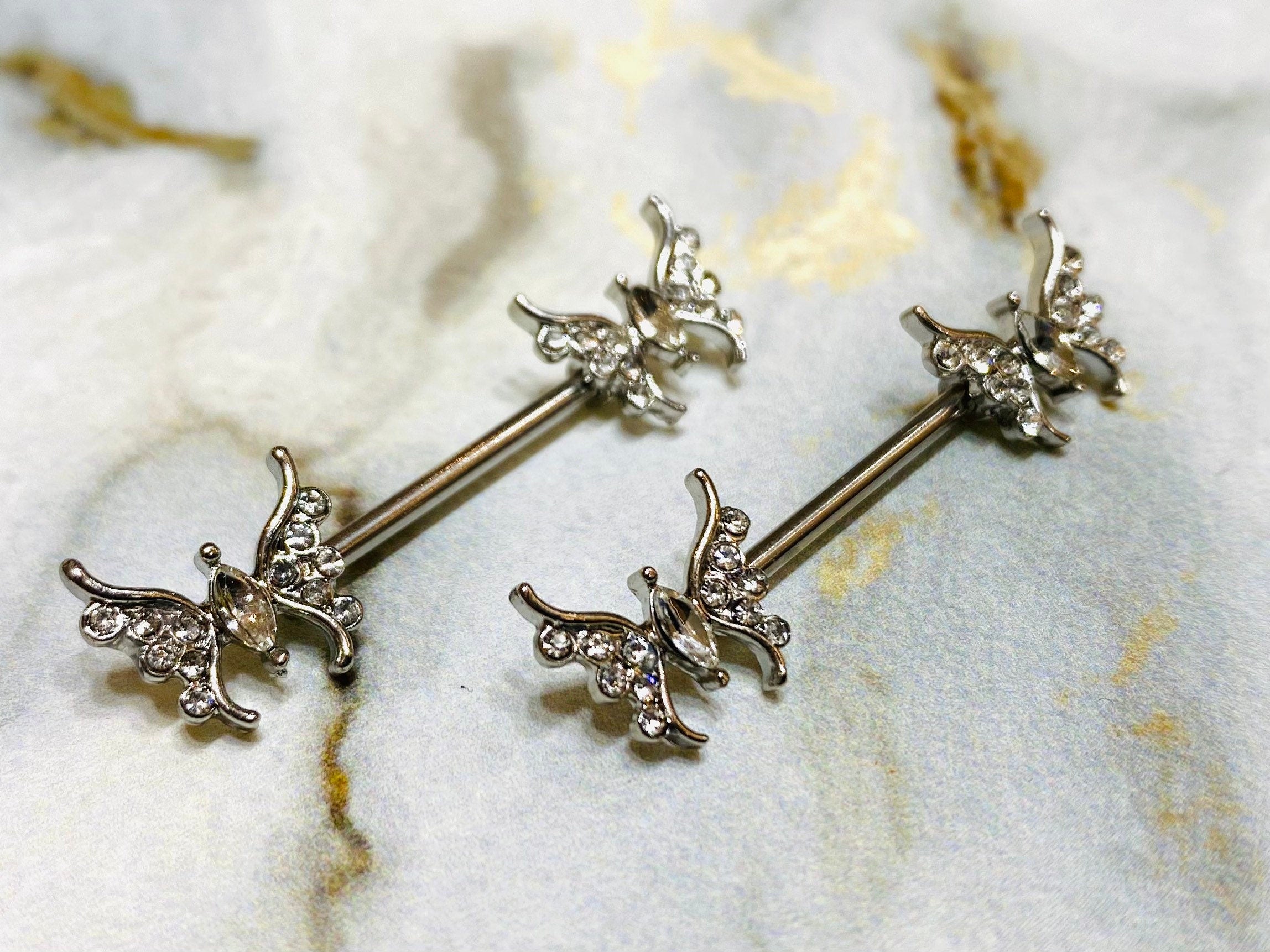 14G Silver Butterfly with Marquise Center Stone Nipple Barbells. Nipple Piercings. Nipple Rings. Nipple Jewelry