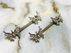 14G Silver Butterfly with Marquise Center Stone Nipple Barbells. Nipple Piercings. Nipple Rings. Nipple Jewelry