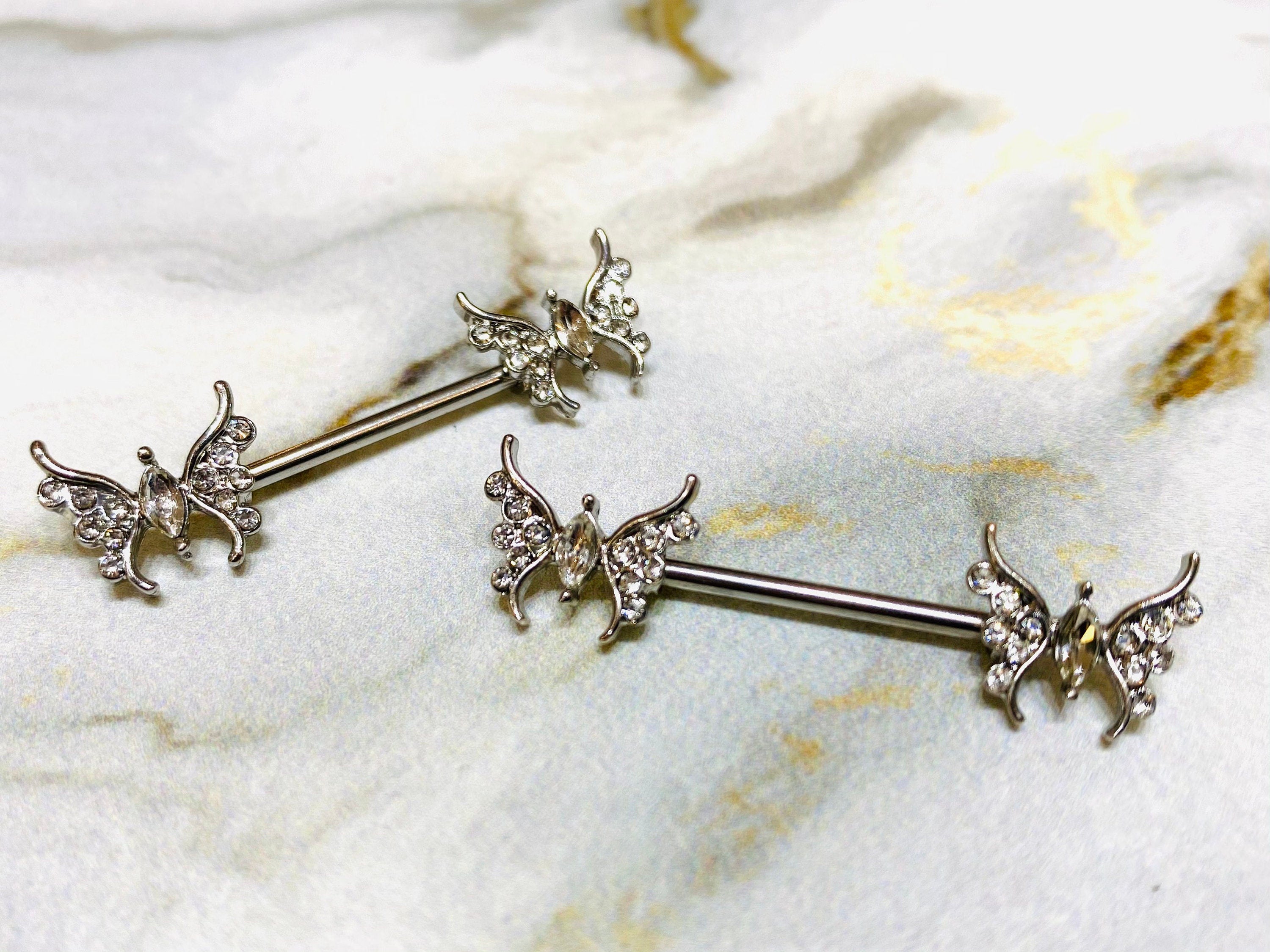 14G Silver Butterfly with Marquise Center Stone Nipple Barbells. Nipple Piercings. Nipple Rings. Nipple Jewelry