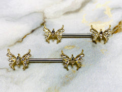 14G Gold Butterfly with Marquise Center Stone Nipple Barbells. Nipple Piercings. Nipple Rings. Nipple Jewelry