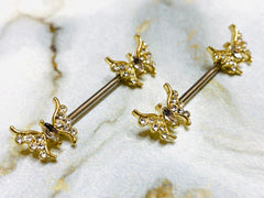 14G Gold Butterfly with Marquise Center Stone Nipple Barbells. Nipple Piercings. Nipple Rings. Nipple Jewelry