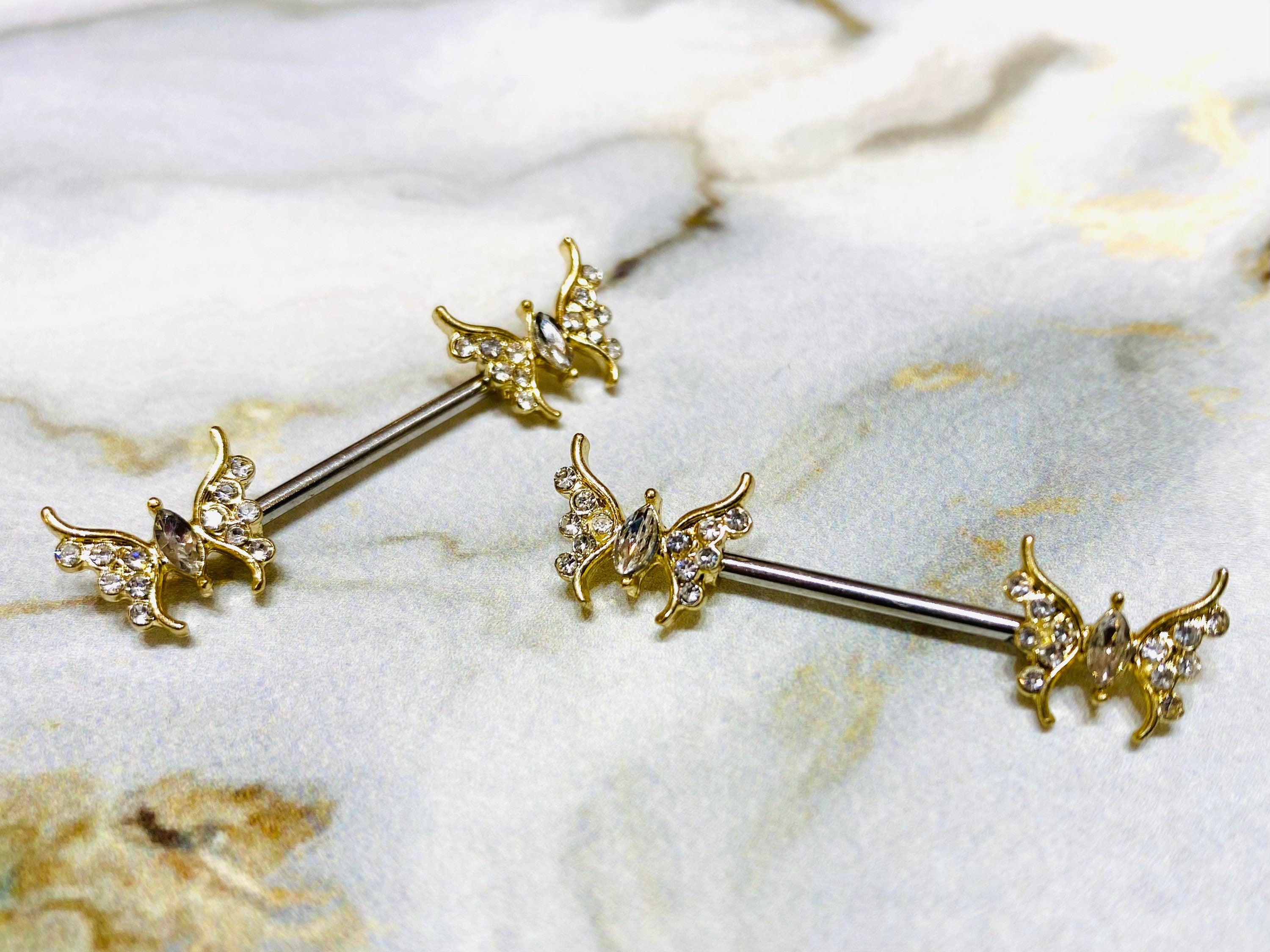 14G Gold Butterfly with Marquise Center Stone Nipple Barbells. Nipple Piercings. Nipple Rings. Nipple Jewelry