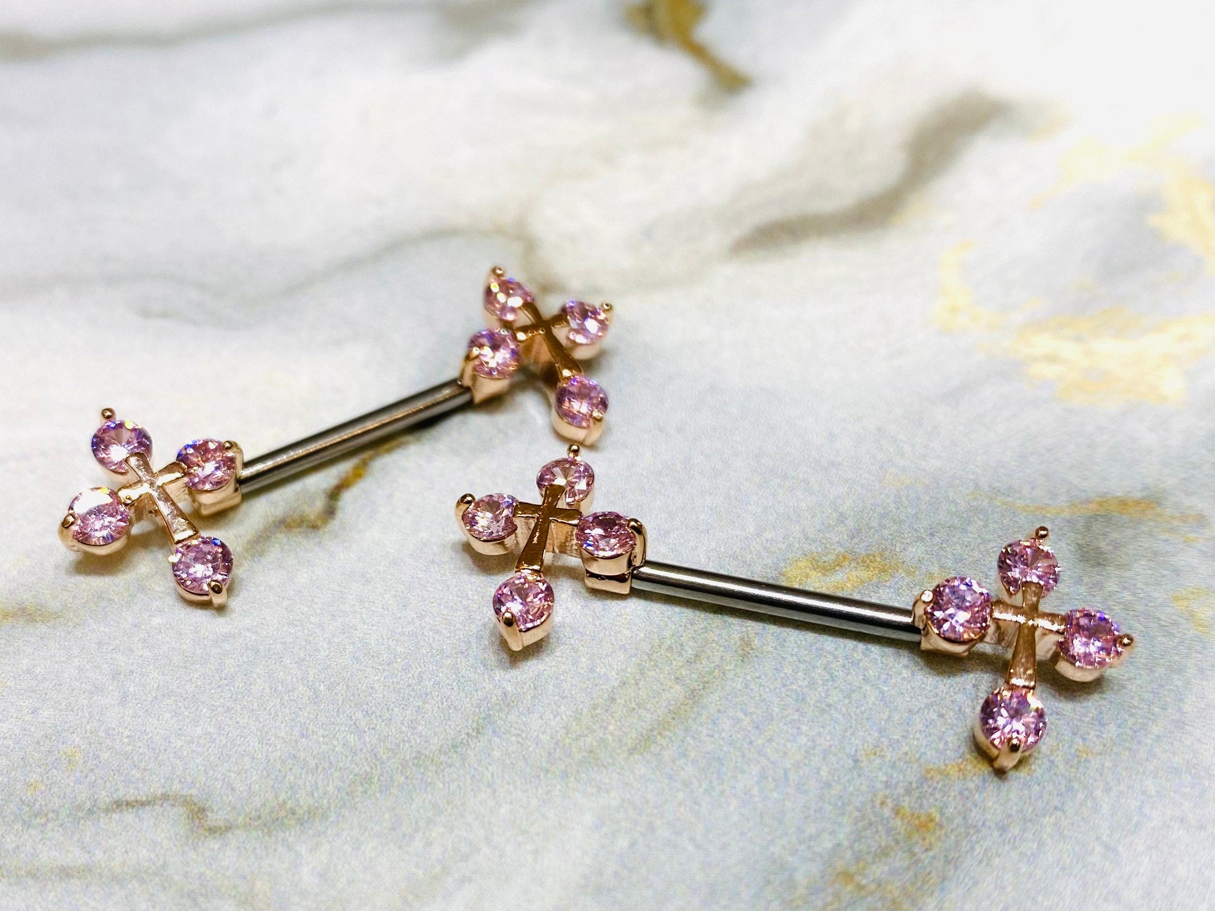 14G Rose Gold & Pink Sparkling Stones Cross Ends Nipple Barbells. Nipple Piercings. Nipple Rings. Nipple Jewelry