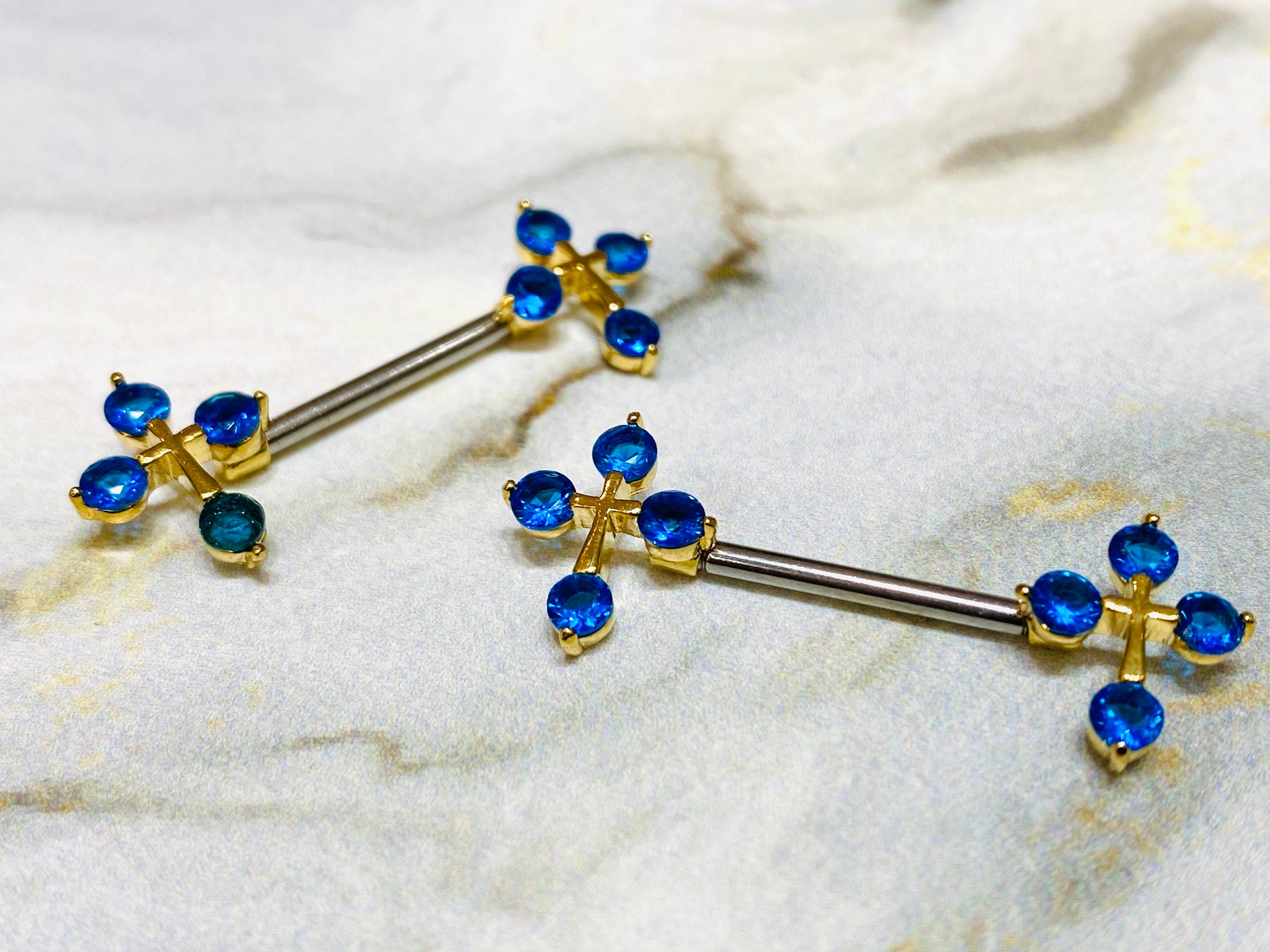 14G Gold & Blue Sparkling Stones Cross Ends Nipple Barbells. Nipple Piercings. Nipple Rings. Nipple Jewelry