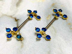 14G Gold & Blue Sparkling Stones Cross Ends Nipple Barbells. Nipple Piercings. Nipple Rings. Nipple Jewelry