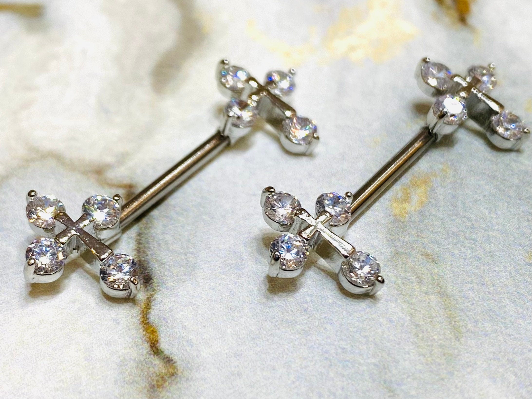 14G Clear Sparkling Stones Cross Ends Nipple Barbells. Nipple Piercings. Nipple Rings. Nipple Jewelry