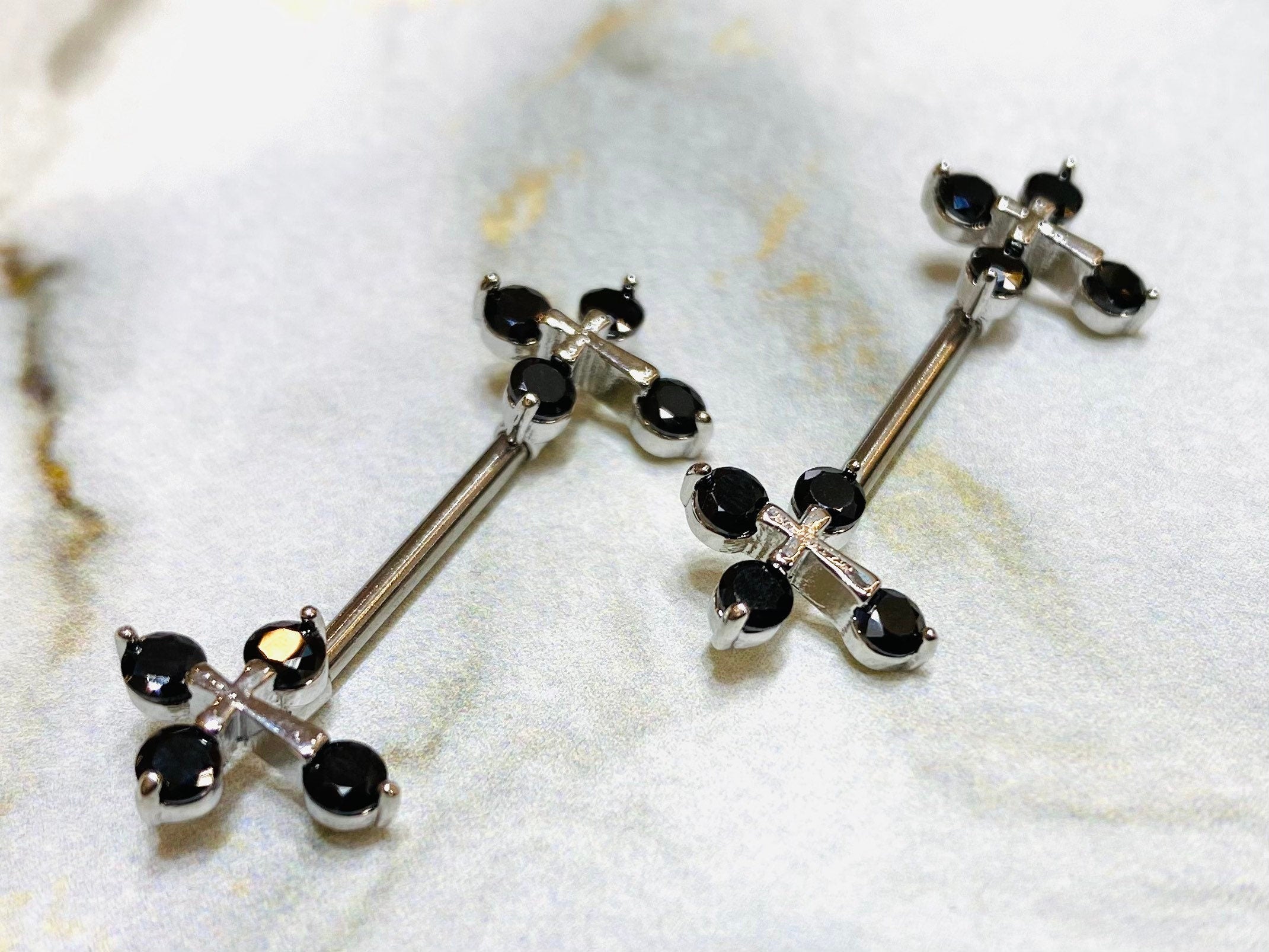 14G Black Sparkling Stones Cross Ends Nipple Barbells. Nipple Piercings. Nipple Rings. Nipple Jewelry