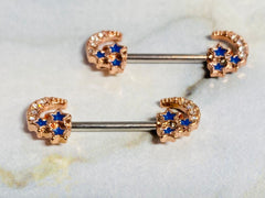 14G Rose Gold Clear Stone Crescent Moon with Blue Stars Nipple Barbells. Nipple Piercings. Nipple Rings. Nipple Jewelry