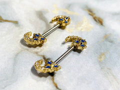 14G Gold Clear Stone Crescent Moon with Blue Stars Nipple Barbells. Nipple Piercings. Nipple Rings. Nipple Jewelry