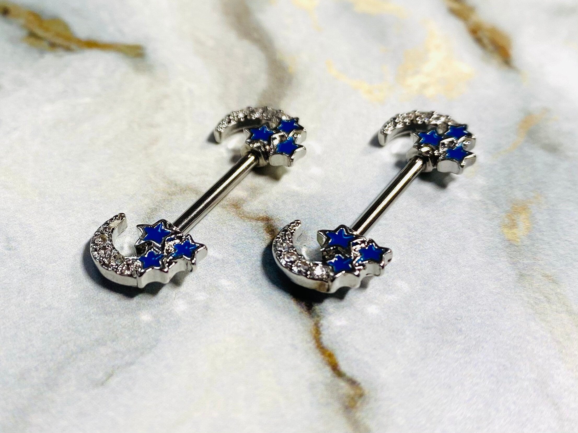 14G Silver Clear Stone Crescent Moon with Blue Stars Nipple Barbells. Nipple Piercings. Nipple Rings. Nipple Jewelry